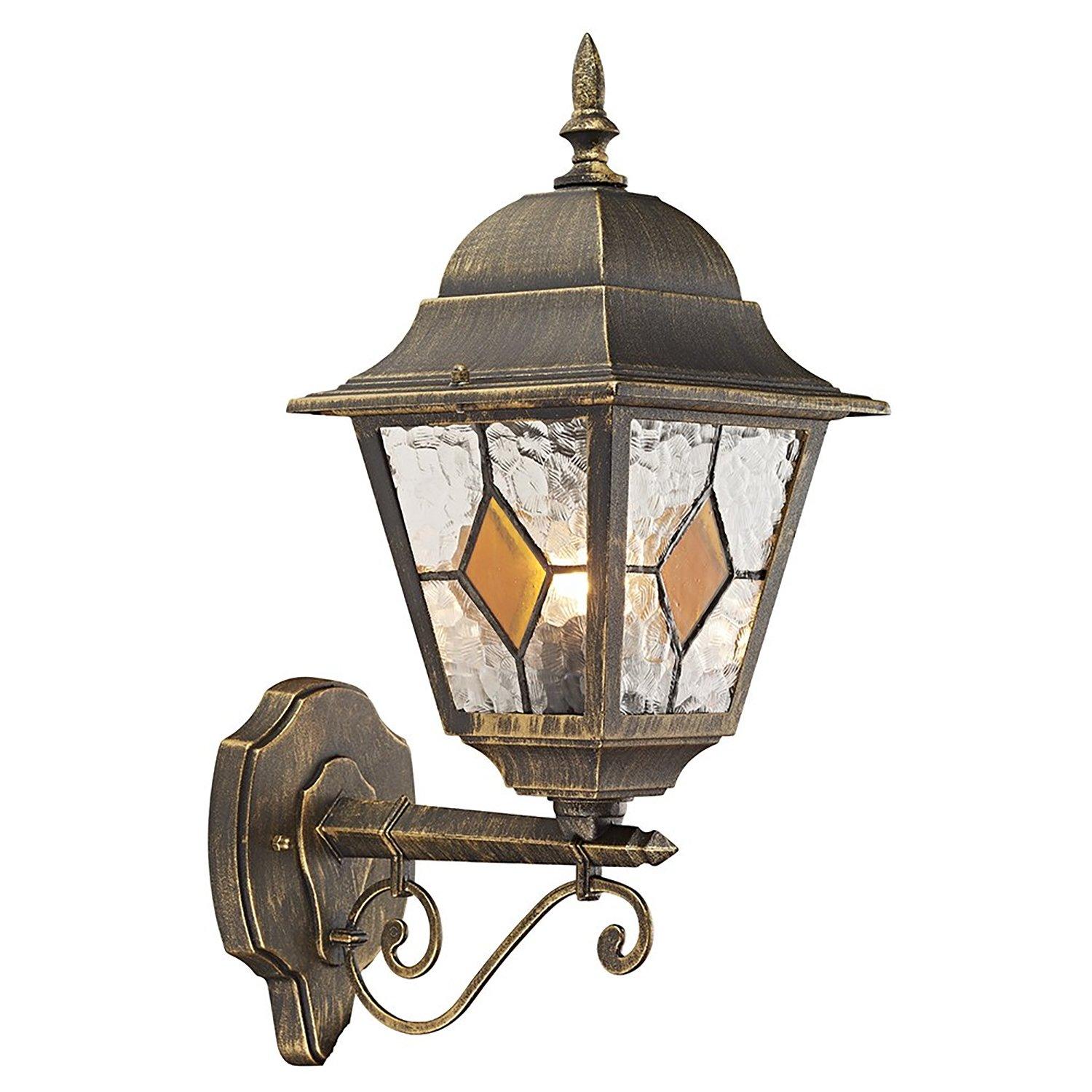 Black/Gold Cast Aluminium Outdoor Wall Light With Amber Leaded Glass